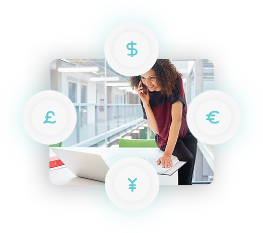 Single-person image of an ecommerce business professional on a laptop with currency icons.